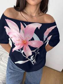 POPSWAY Áo thun tay ngắn in họa tiết hình học rộng rãi, gợi cảm, thoải mái, cỡ lớn dành cho nữ - Nhiều màu - Xem 6