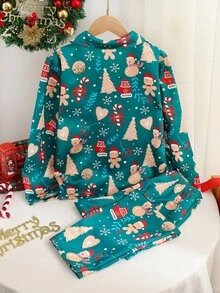 Tween Girls Christmas Pajamas Set - Ins European & American Style Flame Retardant Green Snowman & Christmas Tree Print Long Sleeve Top And Pants, Holiday Party Gift, Christmas Photo Ready!