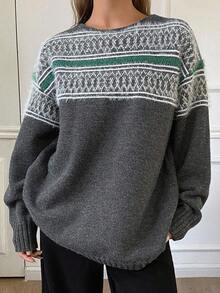 DAZY 女式撞色复古提花宽松圆领长袖休闲街头风格针织毛衣，秋冬 - 灰色 - 查看 4
