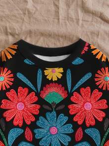 EMERY ROSE Plus Size Casual Retro Floral Pattern Sweatshirt, Suitable For Fall/Winter - Multicolor - View 4