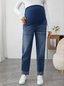 SHEIN 舒适弹力休闲百搭日常孕妇牛仔裤 - 中等水洗藍 - 查看 5