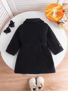 SHEIN 1 buc. Trench lung, la modă, minimalist, stil stradal, negru, cu mânecă lungă și rever, cu decor din blană în interior și curea, potrivit pentru purtare zilnică și școală - Negru - View 2