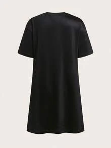 TOM & JERRY X SHEIN Women's Letter & Cartoon Pattern Black Short Sleeve Sleep Dress