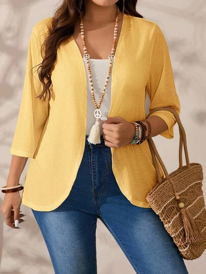 EMERY ROSE Plus Size Women Solid Color 3/4 Sleeve Casual Open Front Jacket, Autumn