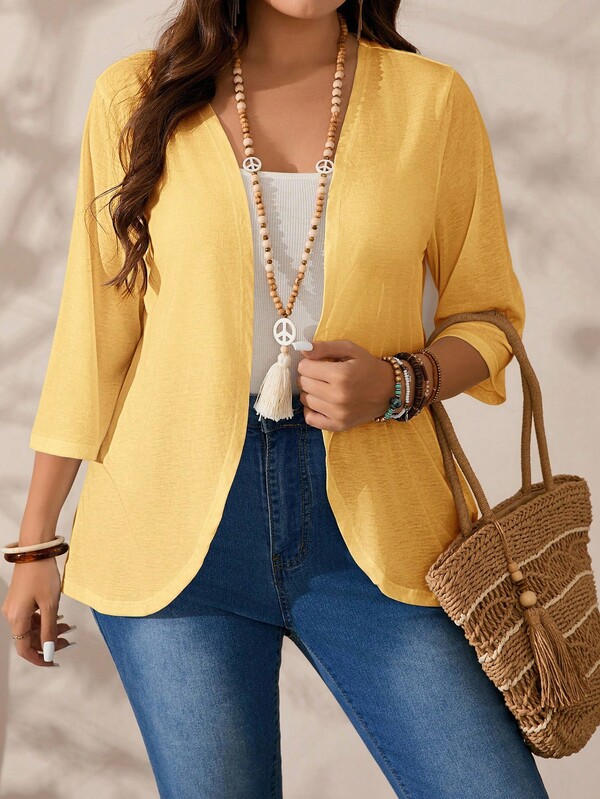 EMERY ROSE Chaqueta casual de manga 3/4 con abertura frontal de unicolor para mujer talla grande, otoño