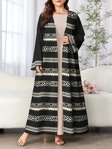 SHEIN Najma Plus Size Women's Rhombus Graphic Patchwork Striped Design Print Black Casual Long Sleeve Abaya Robe, Spring/Autumn - Multicolor - View 1