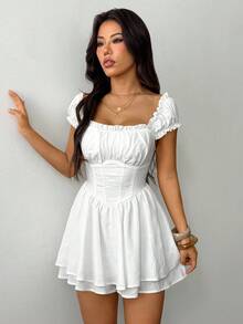 SHEIN PETITE Women'S Solid Color Double Layer Ruffle Hem Dress,Lavender Dress