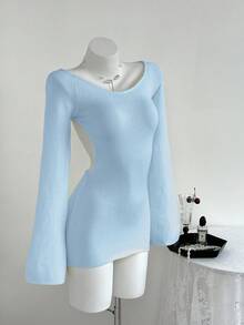 Elamini Sexy Open Back Solid Color Long Sleeve Sweater Dress - Baby Blue - View 4