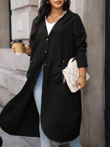 SHEIN PETITE CURVE Plus 双口袋落肩连帽大衣 - 黑色 - 查看 8