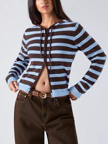 LYSMO Cardigan à capuche zippé à manches longues avec imprimé rayé pour femmes. Vêtements d'automne pour femmes. Cardigan rayé style nautique. Vêtements d'automne et d'hiver confortables pour femmes