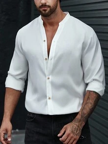 Manfinity Homme Camisa casual de manga larga con botones de corte slim, de color liso, para hombre, para otoño - Blanco - Ver 3