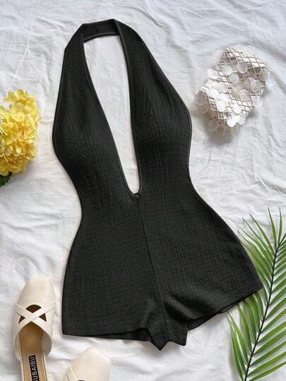 Soleia Women's Vacation White Knit Textured Wavy Pattern Deep V Neck Backless Sexy Bodysuit, Fashionable Fitted For Party, Date, Afternoon Tea, Boho Vacation, Beach, Summer Outfit