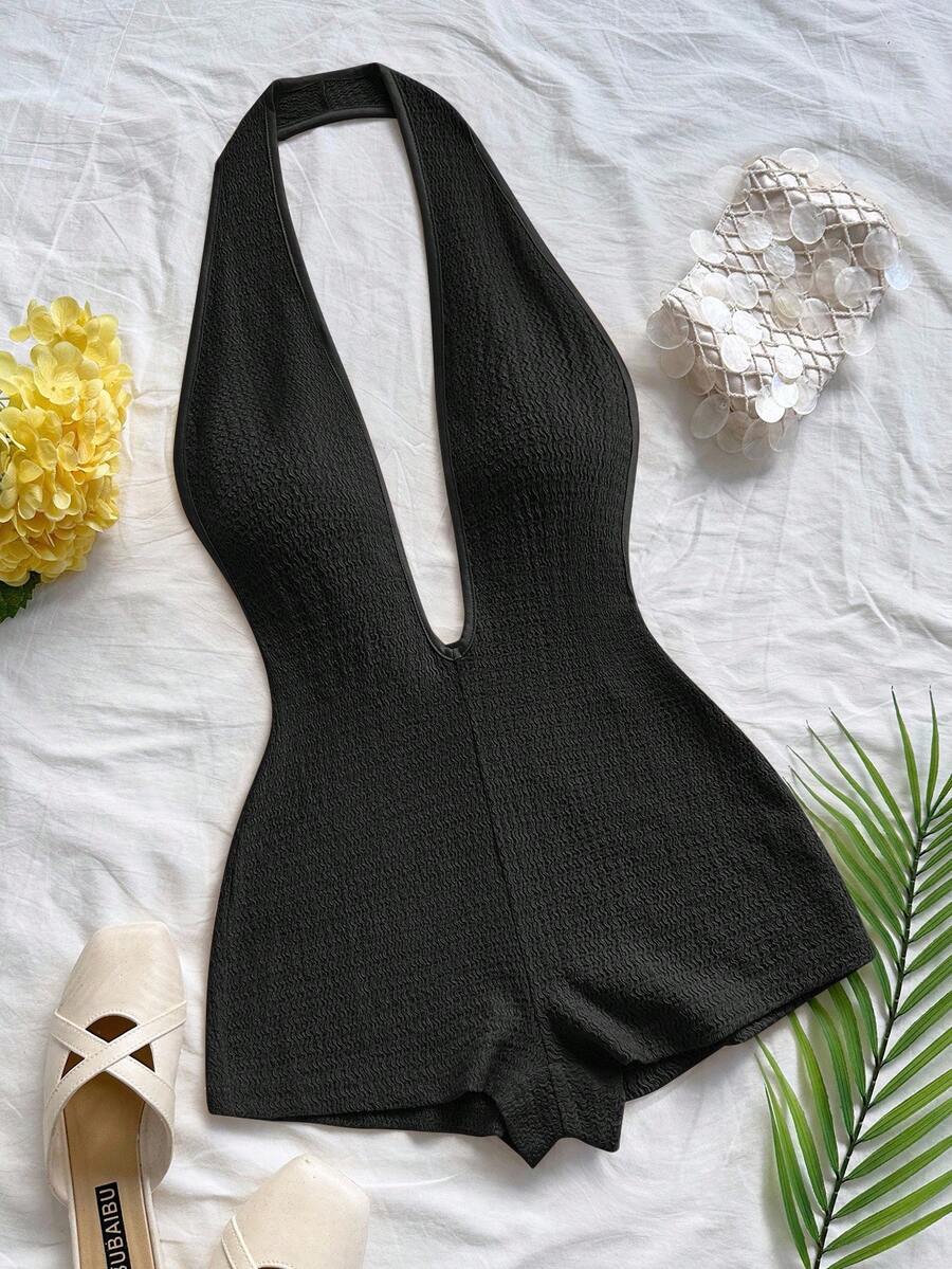 Soleia Women's Vacation White Knit Textured Wavy Pattern Deep V Neck Backless Sexy Bodysuit, Fashionable Fitted For Party, Date, Afternoon Tea, Boho Vacation, Beach, Summer Outfit - Black - View 1