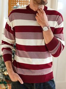 Manfinity Homme 男士圆领长袖落肩条纹休闲百搭针织毛衣，红色条纹毛衣，秋冬 - 彩色 - 查看 4