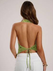 SHEIN BAE Women's Sequin Halter Backless Top, Summer Fashion - Olive Green - View 2
