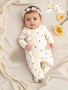 SHEIN Vintaside Kids Baby Girl Casual Heart Print Ruffle Trim Long Sleeve Jumpsuit, Autumn Fall Winter - Apricot - View 5