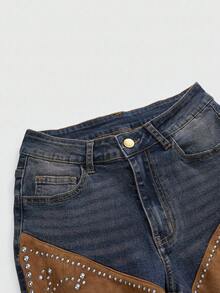 ROMWE Quần jeans ống loe cạp thấp họa tiết da lộn vá lỗi phong cách cổ điển dành cho nữ phong cách miền Tây cao bồi Hippie - Nhiều màu - Xem 4