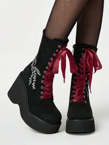 ROMWE Grunge Punk Women's Fashion Solid Color Suede Platform Mid-Calf Boots, Autumn/Winter Punk Gothic Style White Embroidery Pattern Lace-Up Side Zipper Round Toe Elastic Comfortable High Heel Knight Boots - Black - View 1