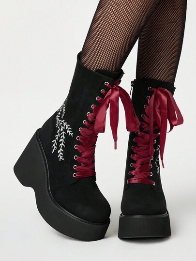 Grunge Punk بوت نسائية موضة لون أحادي من الجلد المدبوغ بكعب منصة متوسط الطول، بوت جوتيك بنمط بانك للخريف/الشتاء، بنقشة تطريز أبيض، رباط وسحاب جانبي، رؤوس مدورة، كعب مرتفع مريح