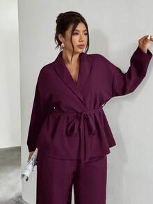 Firerie Plus Size Solid Color Minimalist Casual Long Sleeve Top And Pants Suit Two Piece Set Women Elegant Wide Leg Pants Set/Winter Burgundy Old Money Office - Burgundy - View 6