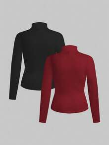 SHEIN Essnce Quần áo nữ cỡ lớn mùa thu thời trang mới mùa thu nữ kiểu Pháp mùa thu 2 mảnh áo phông đen trắng dài tay quần áo công sở nữ công sở nữ thường ngày đi làm áo sơ mi vải dệt kim dài tay áo phông dài tay áo đi chơi áo phông cổ lọ áo cổ lọ - Màu Đỏ Sâu - Xem 2