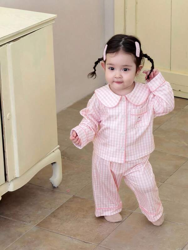 DAZY 2pcs Toddler Girls Plaid Comfortable Shirt And Loose Fit Pants Pajama Set