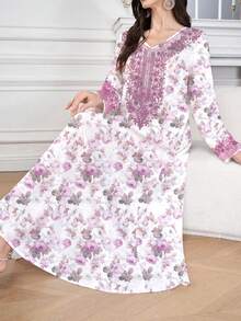 Al Najma Women's Purple V-Neck Long Sleeve Elegant Flowy Dress With Arabic Floral Retro Print Pattern, Sophisticated Neckline And Cuff Floral Designs On Classic Purple Motif Background, Polyester Material, Suitable For Home, Outings, Festivals, Parties, Wear,Women's Fashion Printed Robe Spring Women's Clothing,Modest