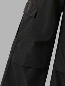 Set de 2 piezas: Sudadera de cuello redondo blanca con estampado de lema para niñas, combinada con pantalones cargo casuales de color caqui a la moda, ropa urbana - Negro - Ver 7