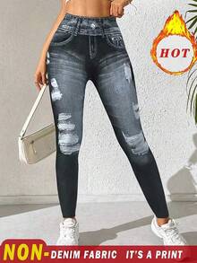 INAWLY 女式牛仔效果印花松紧腰休闲保暖内衬紧身裤 - 彩色 - 查看 3