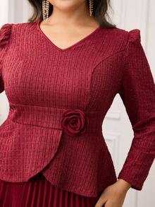 Modelyn Plus Size Women 3D Floral Decor V-Neck Puff Sleeve Top And Pleated Midi Skirt Elegant 2 Pieces Set