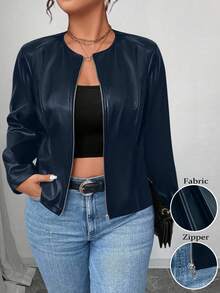 SHEIN PETITE CURVE 大码女式经典百搭 PU 皮夹克，小号系列 - 藏蓝色 - 查看 1