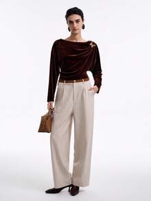 SHEIN LUNE 休闲通勤时尚高端奢华撞色腰带拼接前开领亚麻条纹面料斜口袋女士直筒裤 - 卡其色 - 查看 3