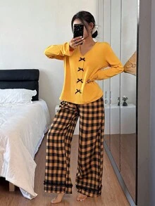 SHEIN Women's Casual Contrast Color Lace Trim Plaid Pajama Set, Fall Clothes