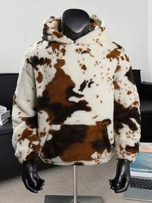 Manfinity Hypemode 男士街头时尚连帽衫，双面抓绒卫衣，天然皮革纹理设计，休闲日常、时尚派对、户外活动、休闲娱乐、节日礼物，男女通用奶牛印花Y2K拉链连帽衫，秋冬季长袖上衣 - 卡其色 - 查看 4