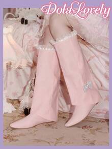 Dola Lovely Women's Pointed Toe Bow Decor Patchwork Ruffle Trim Mid-Calf Boots - Pink - View 1