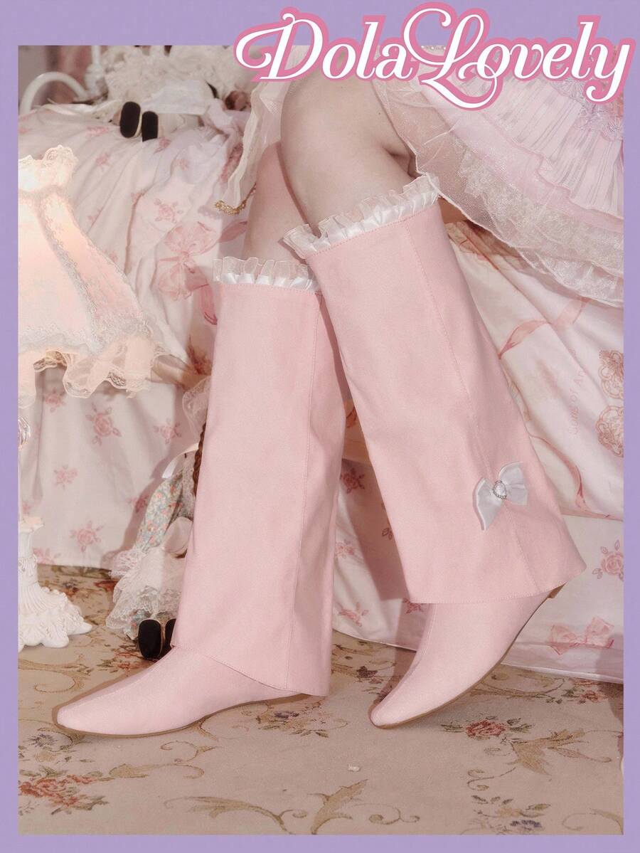 Dola Lovely Women's Pointed Toe Bow Decor Patchwork Ruffle Trim Mid-Calf Boots - Pink - View 1