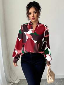 Elenzga 休闲商务简约百搭长袖宽松女士衬衫 - 酒紅色 - 查看 5