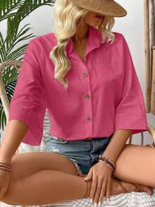 EMERY ROSE 休闲宽松七分袖纯色纽扣女式衬衫 - 紅色 - 查看 6