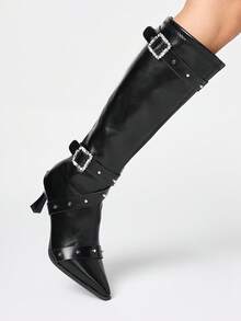 ROMWE Grunge Punk 2025春秋新款女士尖头铆钉扣带高筒靴，真皮高跟及膝靴 - 黑色 - 查看 3