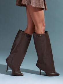 SHUZIA Women's Glamorous Pointy Toe Fold-Over Calf Stiletto Heel Knee High Boots For Christmas - Chocolate Brown - View 7