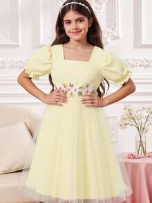 女童刺绣花朵束带薄纱泡泡裙公主派对礼服，花童婚礼场合 - 黃色 - 查看 3