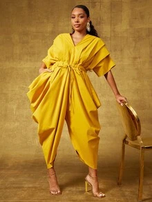 Vixey Mono con pierna de harén, cintura con cordón y detalles de pliegues y recogido - Amarillo - Ver 6