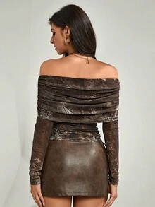 Chiquease Women's Fashion Animal Print Off Shoulder Ruched Fitted T-Shirt Fall Clothes For Women - Brown - View 2