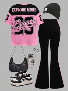 SHEIN Leap Crew 复古学校街道号码、字母和动物印花图案，少女休闲宽松圆领短袖T恤和喇叭裤两件套，适合秋季穿着 - 白色 - 查看 2