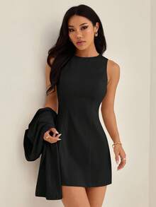 SHEIN PETITE 女式两件套复古优雅连衣裙西装外套套装休闲装女式夏季服装两件套女式度假服装白色连衣裙女式白色连衣裙两件套女士白色上衣商务休闲女式婚礼宾客礼服女式复活节夏装女式春季服装女式套装女式两件套复活节连衣裙女式生日服装女式春假优雅连衣裙女式办公室服装 - 黑色 - 查看 3