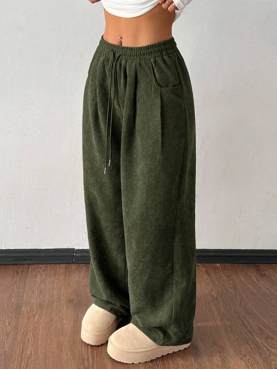 SHEIN PETITE 女士秋冬街头时尚休闲复古灯芯绒纹理裤 - 軍綠色 - 查看 1