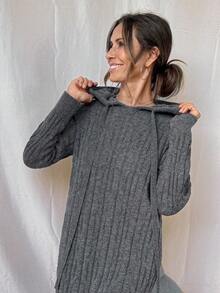 Vivie Lora 女式宽松粗针织连帽长袖毛衣裙 秋冬 - 灰色 - 查看 7