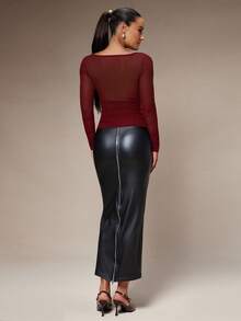 Silquee Blusa elegante de mujer con cuello de corazón, manga larga transparente y ajustada con pliegues - Burdeos - Ver 6