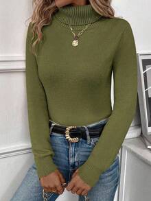 EMERY ROSE Women's Casual Solid Color Turtleneck Warm Sweater, Autumn/Winter - Army Green - View 5