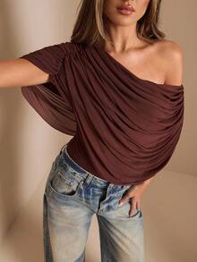 SHEIN BAE Autumn/Winter Solid Brown/Coffee Off Shoulder Ruched Fitted Elegant Bodysuit, Tight-Fitting Graceful Slim Bodysuit, Draped Top - Brown - View 4